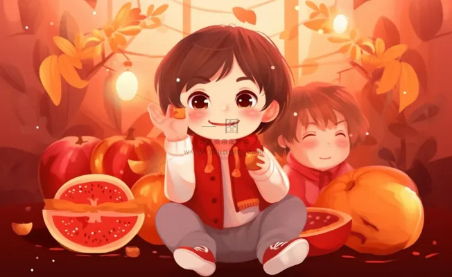 新年张灯结彩孩子们玩乐喜庆红色氛围庆祝卡通插画背景