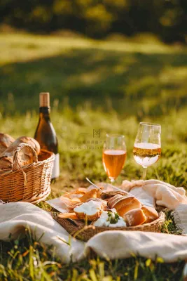 春天户外草坪野餐篮子露营食物酒面包摄影