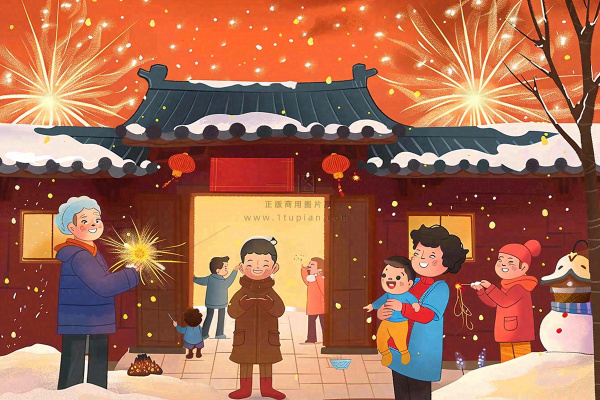 卡通新年全家放烟花鞭炮团聚喜庆春节插画过年喜庆小年除夕夜元宵节背景 卡通新年全家放烟花鞭炮团聚喜庆春节插画过年喜庆小年除夕夜元宵节背景