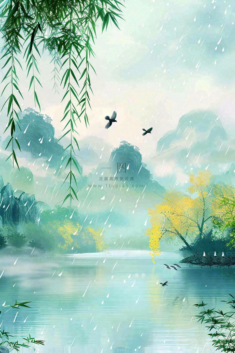 春天雨水水墨山水柳树柳枝燕子黄花盛开清明端午插画背景