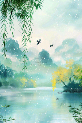 春天雨水水墨山水柳树柳枝燕子黄花盛开清明端午插画背景 春天雨水水墨山水柳树柳枝燕子黄花盛开清明端午插画背景