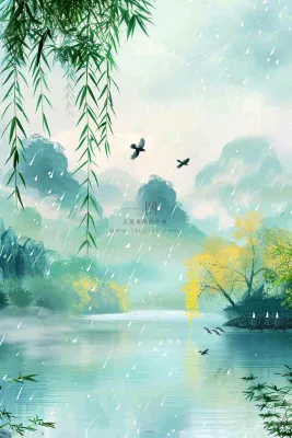 春天雨水水墨山水柳树柳枝燕子黄花盛开清明端午插画背景 春天雨水水墨山水柳树柳枝燕子黄花盛开清明端午插画背景