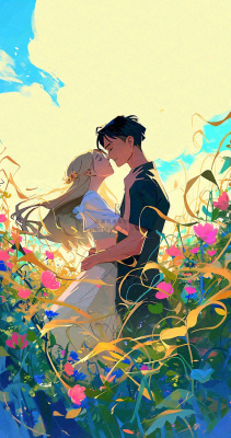 蓝天白云下情侣拥抱亲吻爱情，鲜花小草，情清新人节