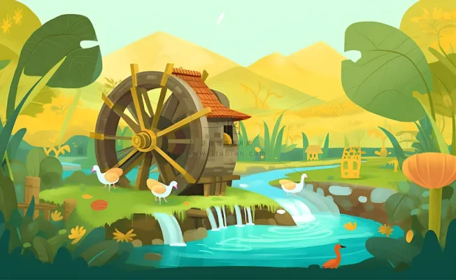 春天田园绿色自然风车水河流畜牧插画素材背景 春天田园绿色自然风车水河流畜牧插画素材背景