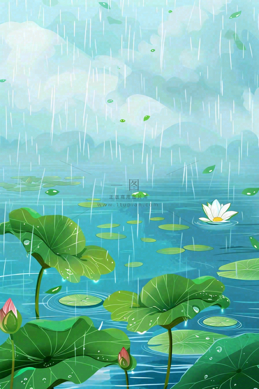 春天下雨天池塘荷花荷叶清凉雨水谷雨处暑插画背景