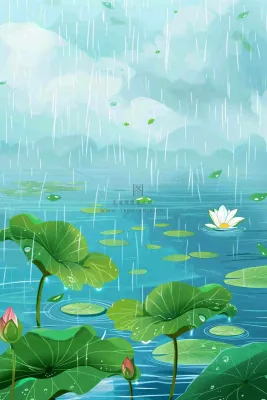 春天下雨天池塘荷花荷叶清凉雨水谷雨处暑插画背景 春天下雨天池塘荷花荷叶清凉雨水谷雨处暑插画背景