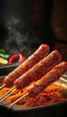 烤火腿肠煎辣椒面香辣美食小吃摄影图