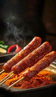 烤火腿肠煎辣椒面香辣美食小吃摄影图