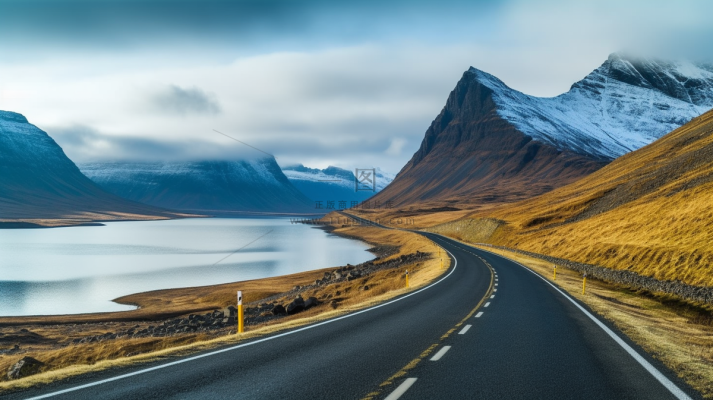 雪山下的公路河流湖泊高山摄影图