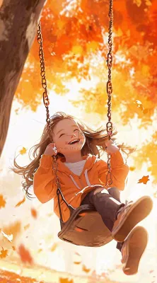 秋天浪漫秋叶儿童少女荡秋千插画,秋分 秋天浪漫秋叶儿童少女荡秋千插画,秋分