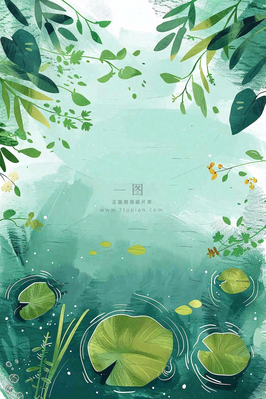 夏日池塘荷花睡莲水塘立夏小暑大暑处暑插画背景