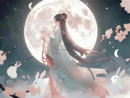 中秋节嫦娥玉兔月下嫦娥插图卡通唯美手绘古风插画背景