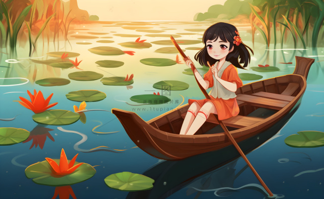 在湖中划船的女孩睡莲绿叶插画海报背景