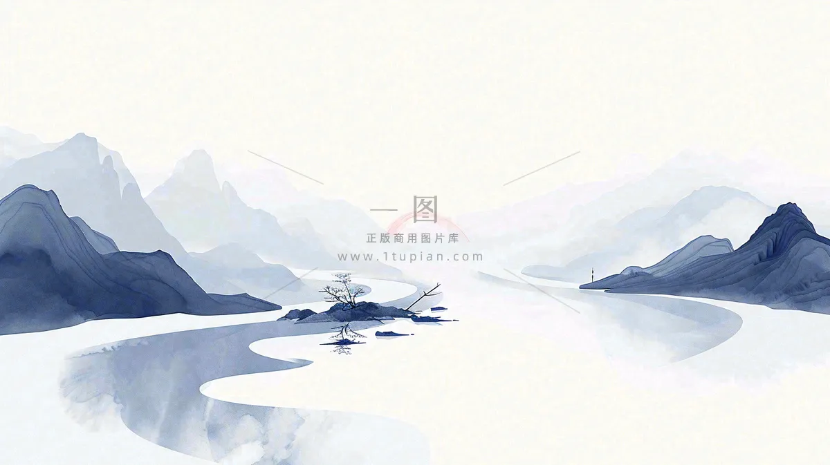山水画简约白色河面插画手绘,中国风古风