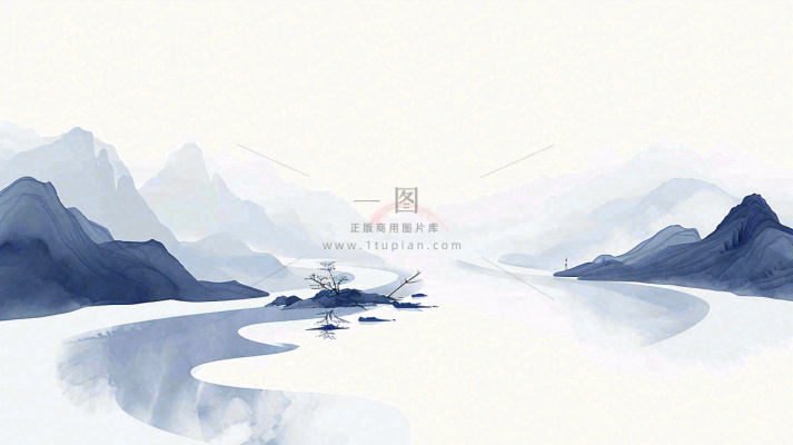 山水画简约白色河面插画手绘,中国风古风 山水画简约白色河面插画手绘,中国风古风