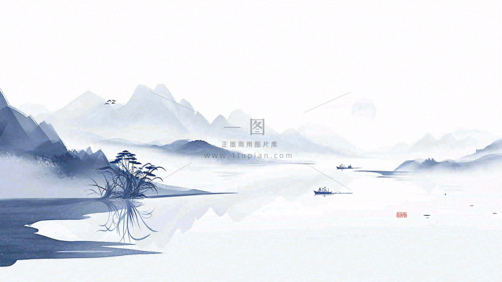 山水画简约白色河面插画手绘，中国风古风