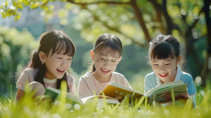 公园草坪看书阅读的学生孩子们知识兴趣世界读书日摄影图