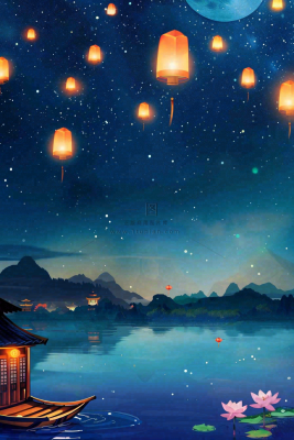 夜晚点灯孔明灯祈福中元节寒衣节插画背景