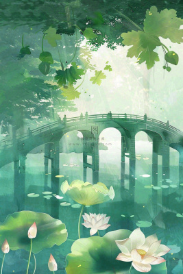 春夏绿意风景小清新荷花池塘拱桥绿荫阳光惊蛰春分立夏夏至水彩插画背景 春夏绿意风景小清新荷花池塘拱桥绿荫阳光惊蛰春分立夏夏至水彩插画背景