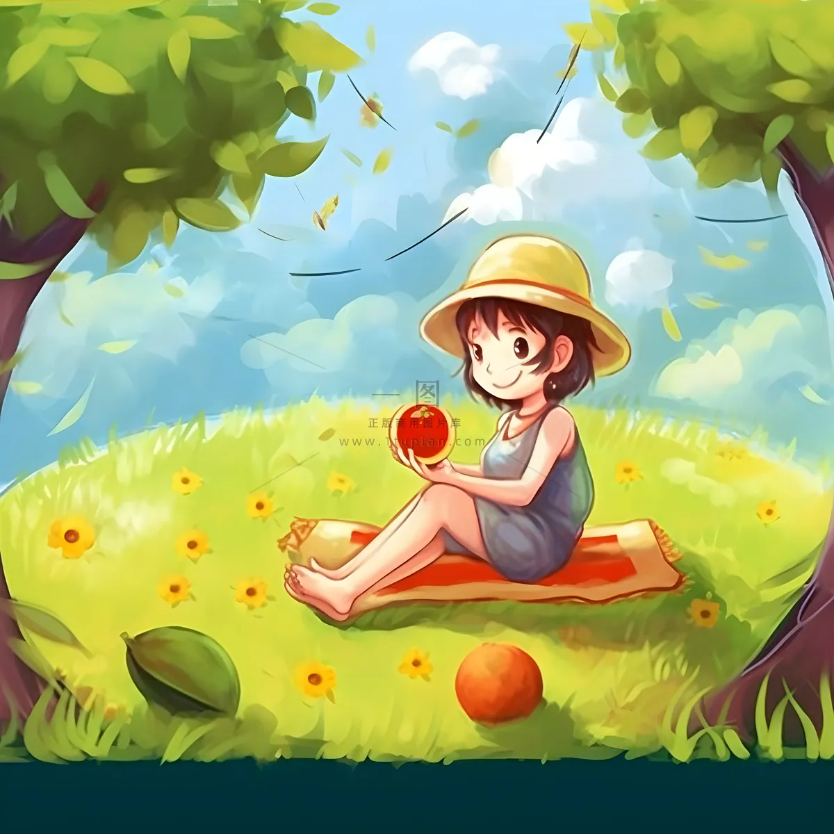 夏日人物水果树荫乘凉插画素材背景