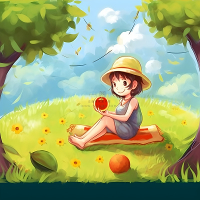 夏日人物水果树荫乘凉插画素材背景 夏日人物水果树荫乘凉插画素材背景