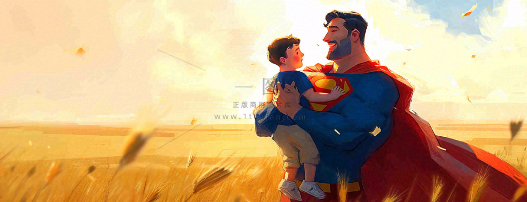 秋天麦田里的超人爸爸,父亲节父爱温馨,陪伴孩子插画 秋天麦田里的超人爸爸,父亲节父爱温馨,陪伴孩子插画