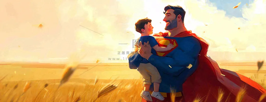 秋天麦田里的超人爸爸,父亲节父爱温馨,陪伴孩子插画 秋天麦田里的超人爸爸,父亲节父爱温馨,陪伴孩子插画