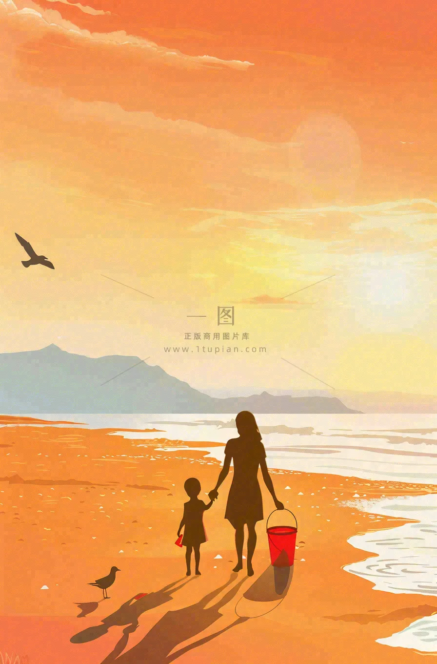 夕阳晚霞下的海洋沙滩亲子散步母亲节插画背景
