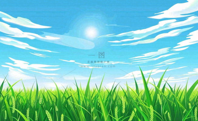 春天草场莺飞小麦地绿色麦苗小满芒种立夏卡通插画背景