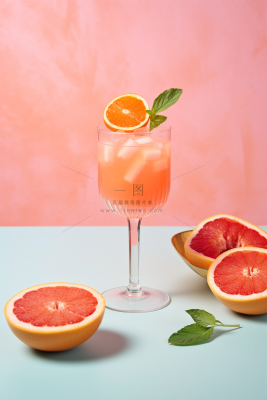 红西柚饮料粉蓝背景摄影图