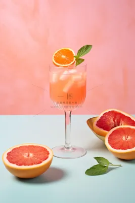 红西柚饮料粉蓝背景摄影图