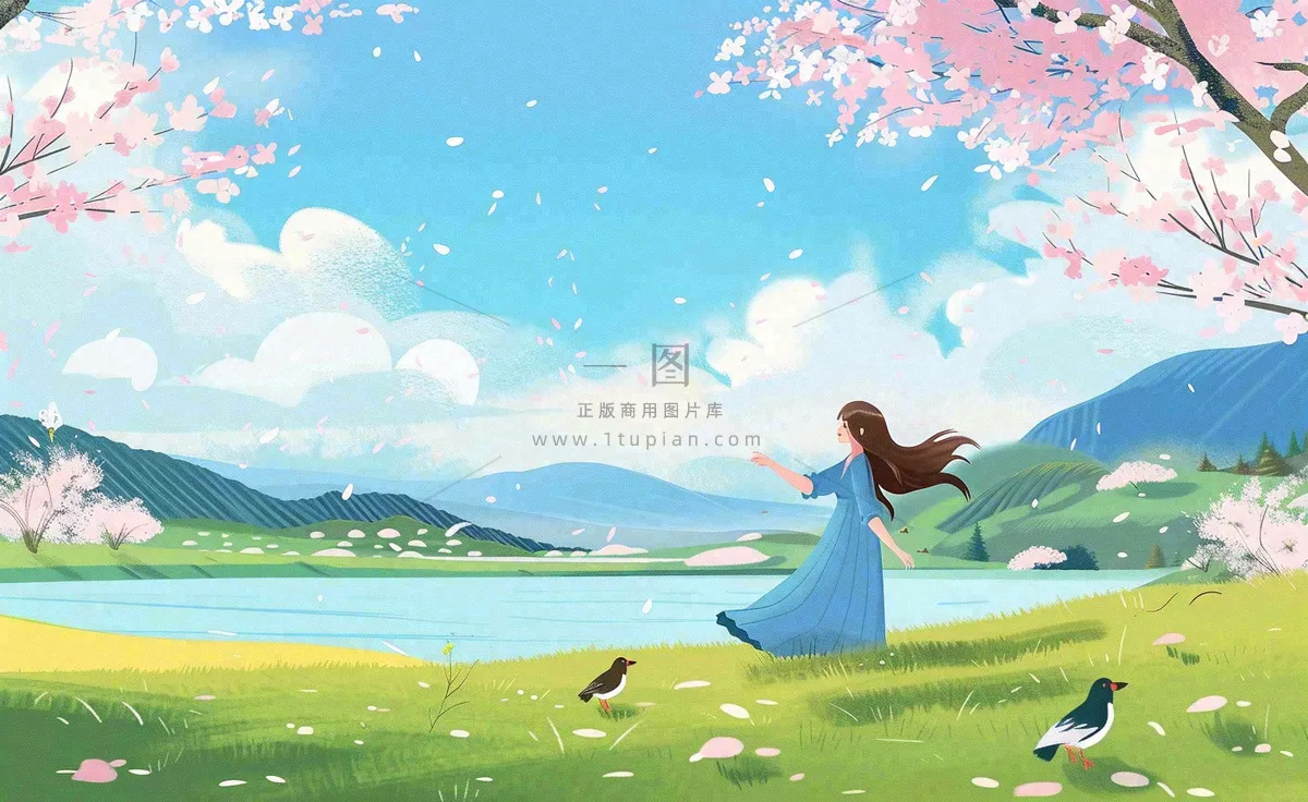 唯美治愈春天女孩踏青旅游立春春分惊蛰卡通插画背景