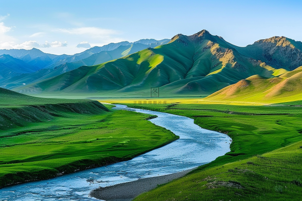 高山草原山涧河流湿地摄影图