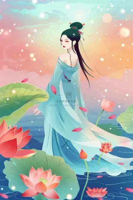夏天古风国风古装少女荷花莲花池塘夜晚赏月夏至处暑中秋插画背景 夏天古风国风古装少女荷花莲花池塘夜晚赏月夏至处暑中秋插画背景