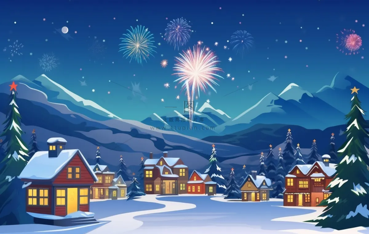 冬季雪天圣诞小镇烟花夜晚节日氛围卡通插画背景