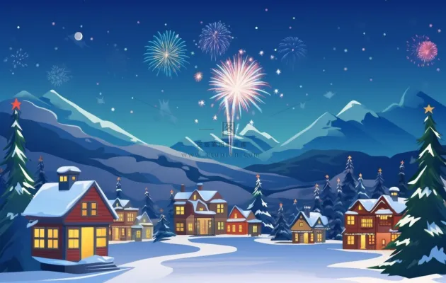 冬季雪天圣诞小镇烟花夜晚节日氛围卡通插画背景