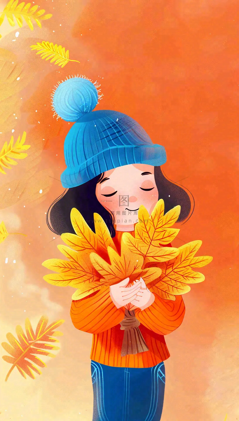 秋天女孩抱着落叶唯美卡通插画秋分立秋背景