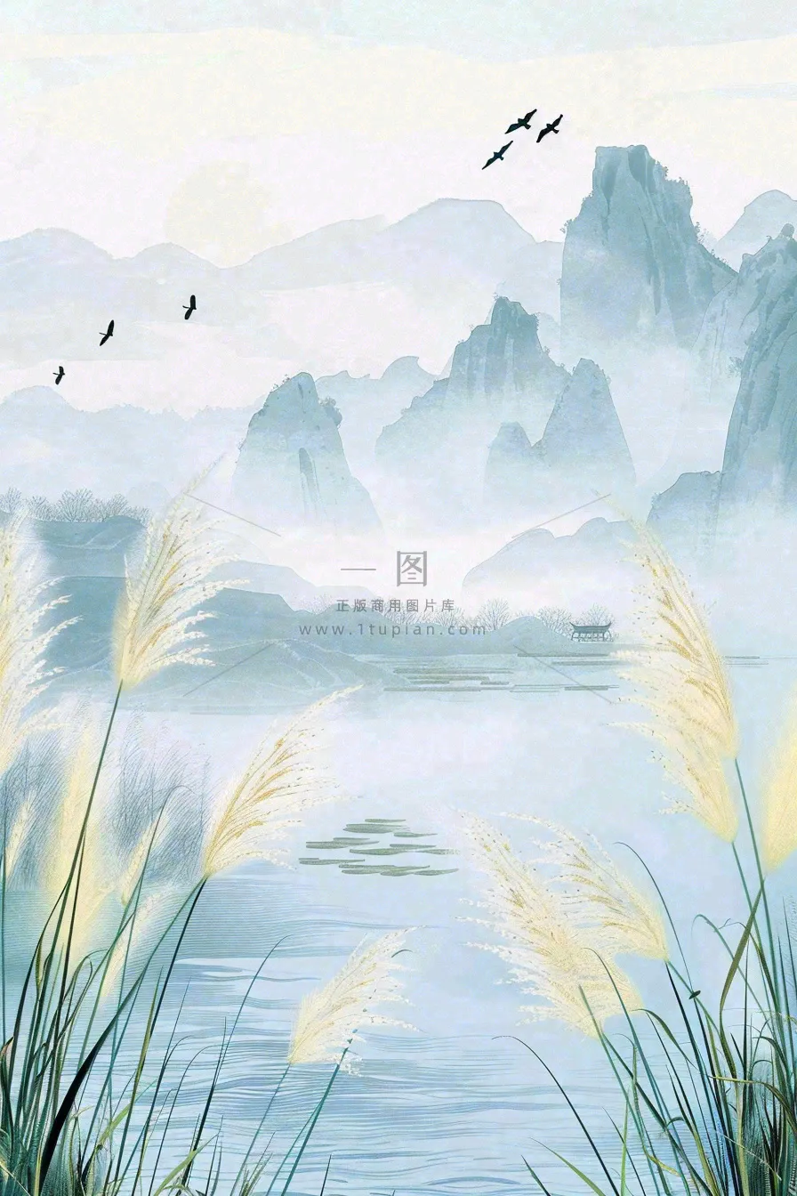 山水水墨芦苇白鹭古风白露寒露处暑插画水彩画背景