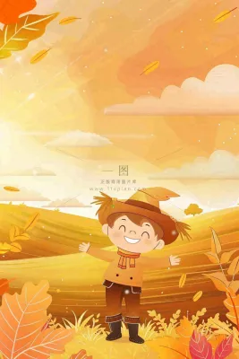 秋天金黄的农田小麦稻谷稻草人落日秋收立秋处暑秋分卡通插画背景 秋天金黄的农田小麦稻谷稻草人落日秋收立秋处暑秋分卡通插画背景