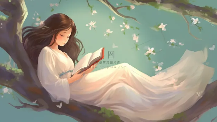 少女女孩穿着白色裙子躺着树干看书树枝盛开的花朵卡通插画