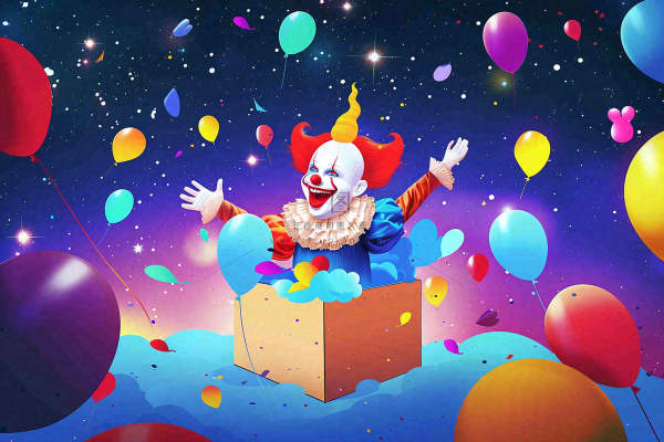 小丑搞怪马戏团游乐园愚人节气球彩带庆祝卡通插画背景