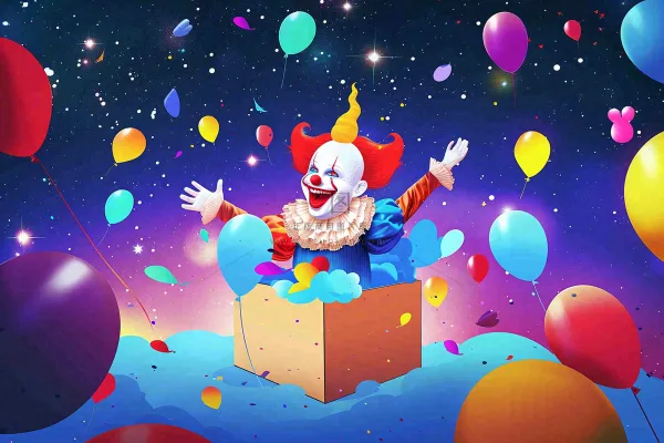 小丑搞怪马戏团游乐园愚人节气球彩带庆祝卡通插画背景
