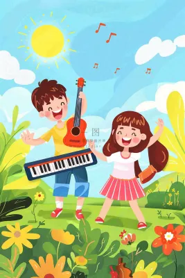 夏日音乐会乐器弹唱儿童草坪欢乐儿童节夏至卡通插画背景