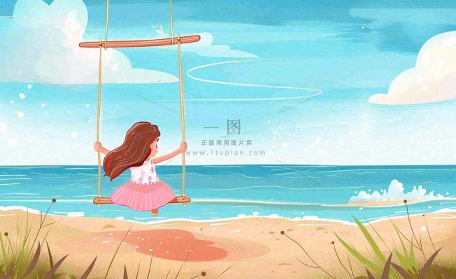 夏天海边风景大海沙滩蓝天白云立夏夏至大暑小暑唯美插画背景