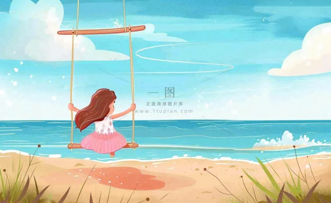 夏天海边风景大海沙滩蓝天白云立夏夏至大暑小暑唯美插画背景