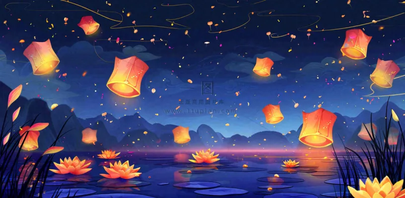 湖面花灯孔明灯风景夜晚荷花灯许愿灯放天灯中国风古风中元节寒衣节插画背景 湖面花灯孔明灯风景夜晚荷花灯许愿灯放天灯中国风古风中元节寒衣节插画背景