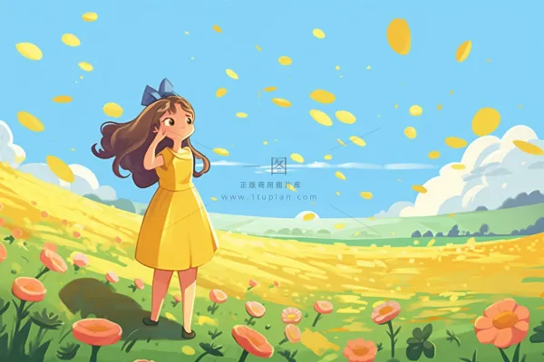 黄裙子女孩花丛中花瓣飞舞风景卡通插画背景