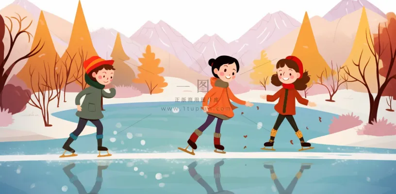 冬季在冰湖上滑冰的孩子儿童卡通插画背景 冬季在冰湖上滑冰的孩子儿童卡通插画背景