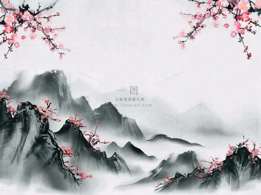 中国风水墨山水画，山脉枝叶花朵手绘插画