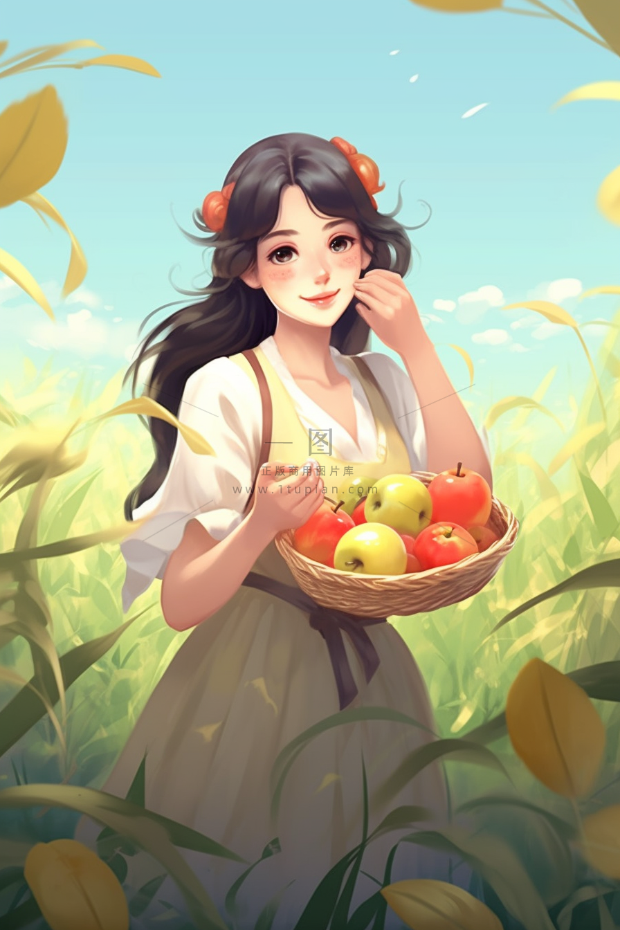 秋天少女抱着成熟的瓜果在菜园里卡通插画素材